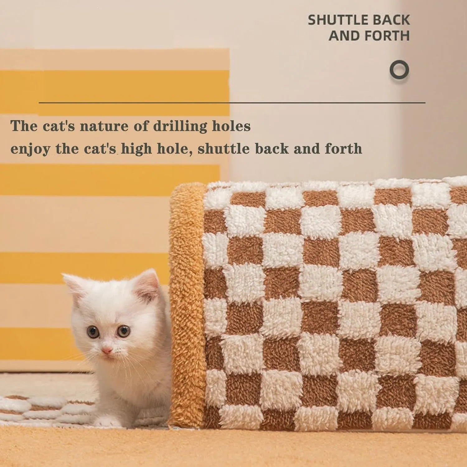 Brown plush plaid cat tunnel bed with central mat and zippered collapsible tunnel for indoor cats