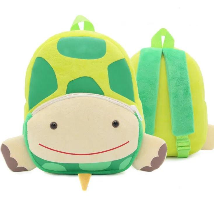 Soft plush children's backpack in cartoon animal design, shown with zipper open, dimensions 26cm by 24cm.