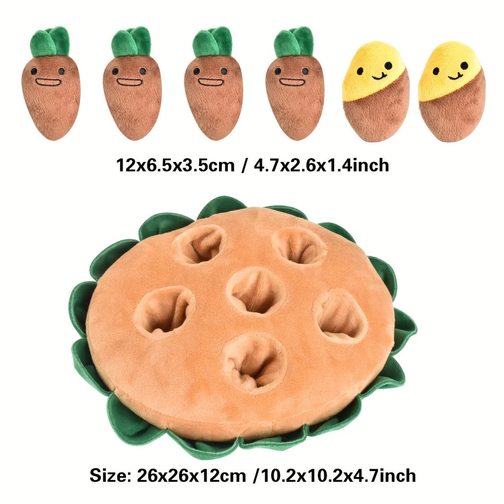 Yellow interactive dog puzzle mat with hidden squeaky plush toys for slow feeding and foraging games.
