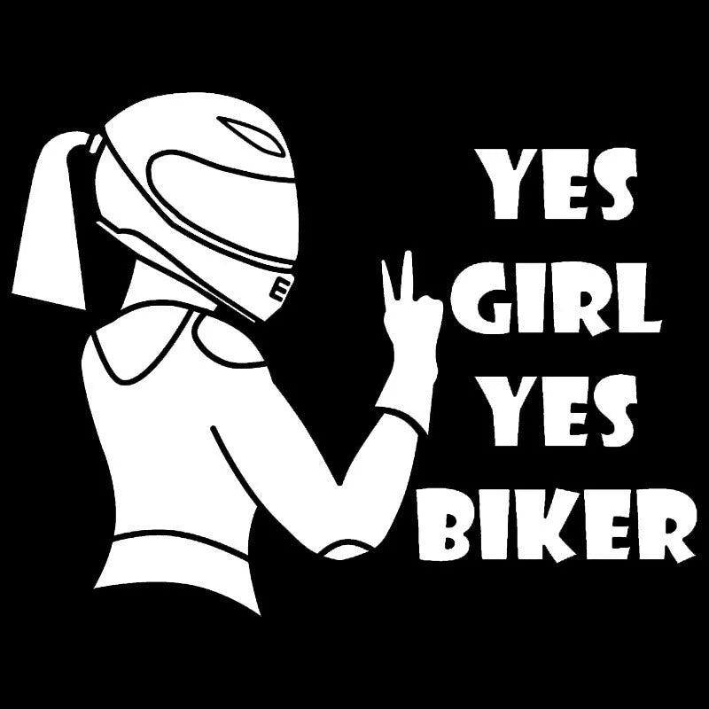 Black and white cartoon girl rider character car window sticker measuring 16cm by 15cm