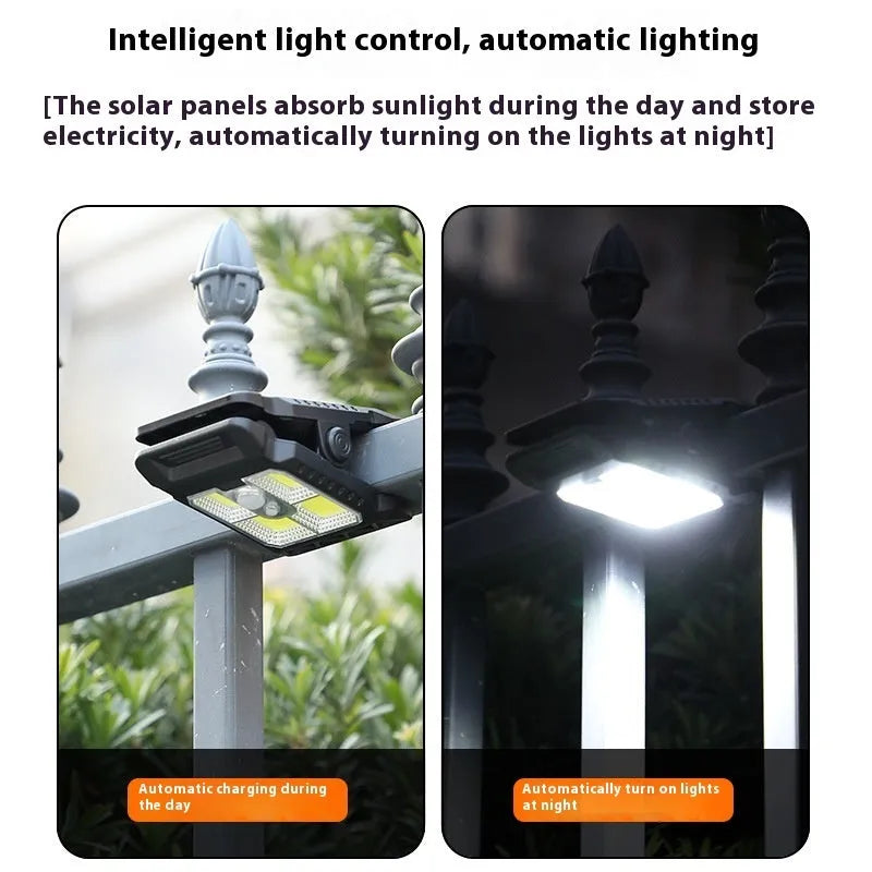 White ABS plastic clip lamp with motion sensor and LED light, shown with dimensions.