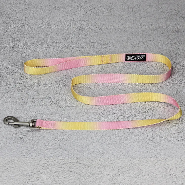 Gradient colour nylon dog leash set with collar, bracelet, and chest strap options in pink/yellow and purple/green combinations