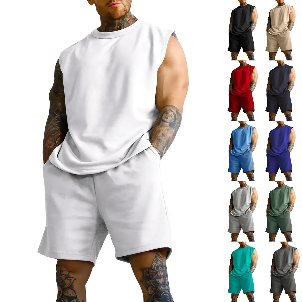 Men's sleeveless cotton blend sports top and matching shorts in a solid colour