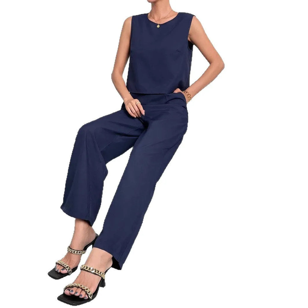 Women's red sleeveless top and wide-leg trousers two-piece set showing front view