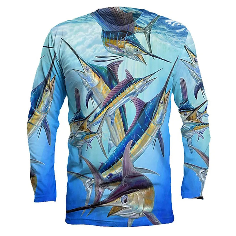 Men's grey round neck long-sleeve top with a large printed blue and orange fish graphic on the front.