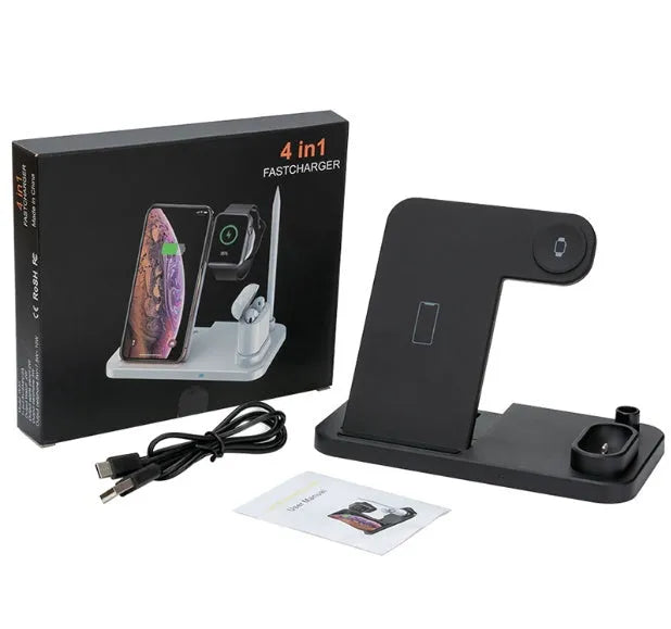 Black 4-in-1 wireless charging station showing phone, Apple Watch, AirPods, and Apple Pencil charging simultaneously.