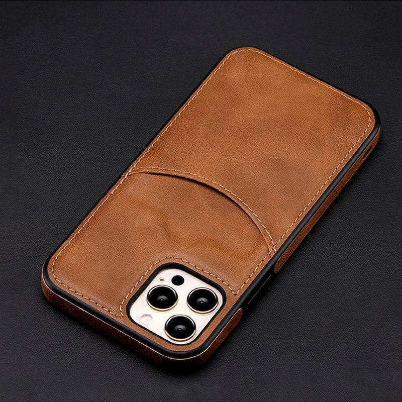 Dark blue PU leather phone case shown on an iPhone, highlighting protective edges and precise button cutouts.