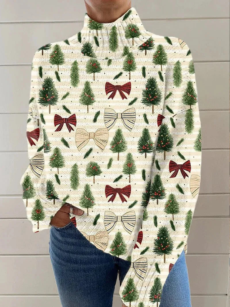 Women's Christmas printed turtleneck sweater in loose fit pullover style with long sleeves