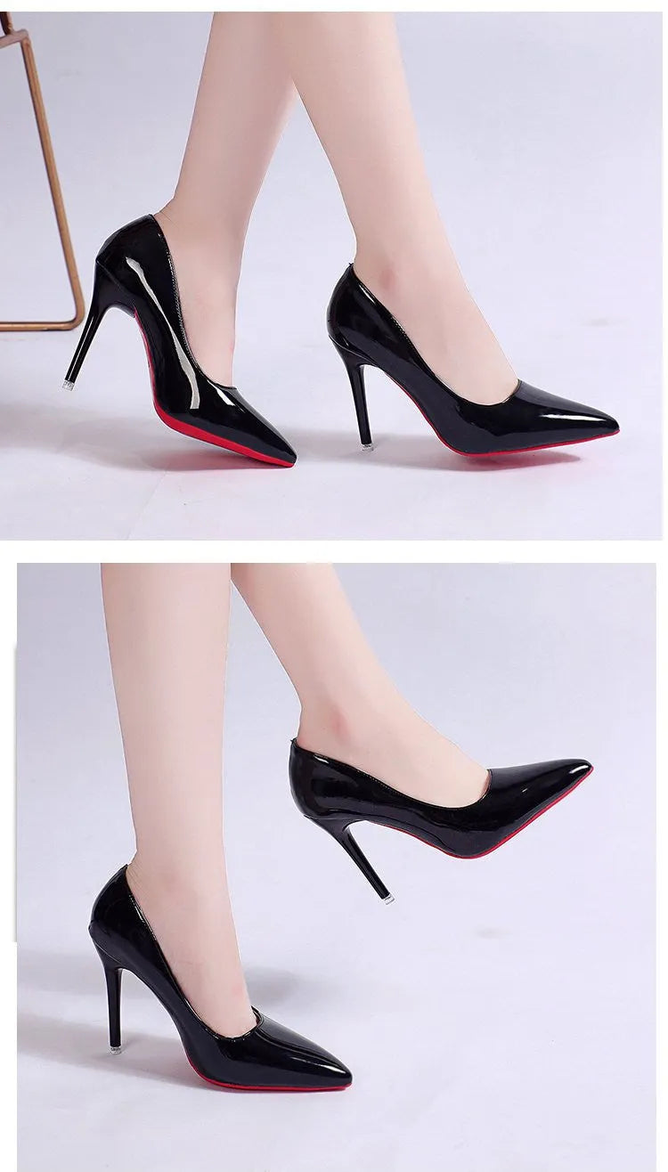 Women's solid colour stiletto heel pumps with pointed toe and shallow mouth opening