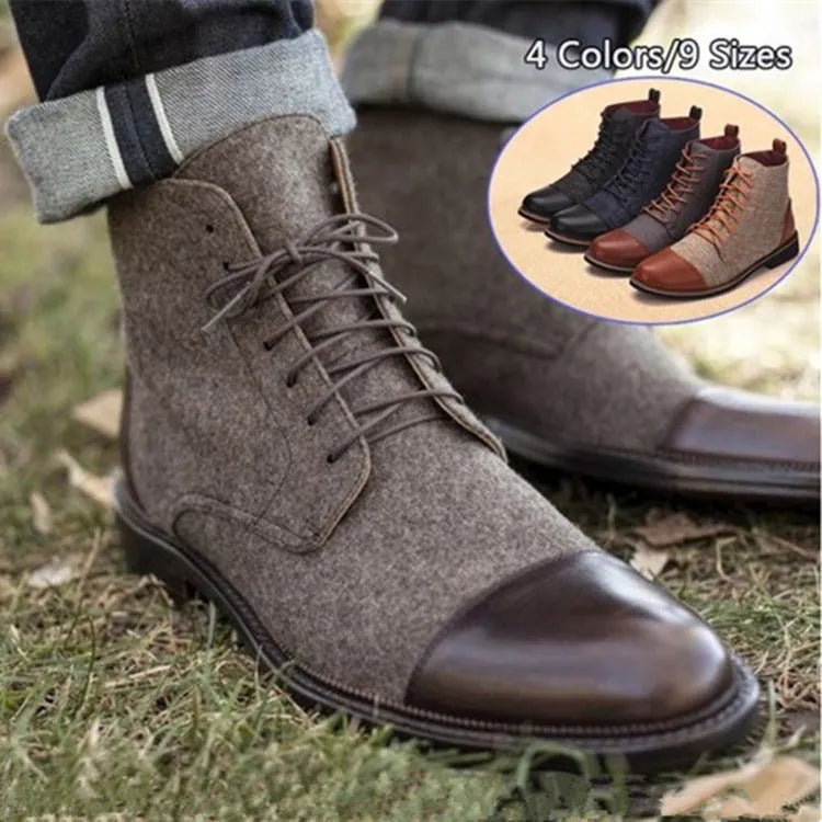 Men's black leather motorcycle boots with visible belt buckle detailing and a thick rubber sole