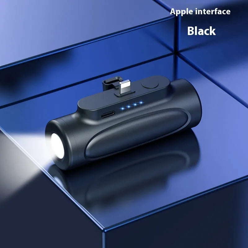 Black creative power bank with LED flashlight showing Type-C charging port and compact 83mm size