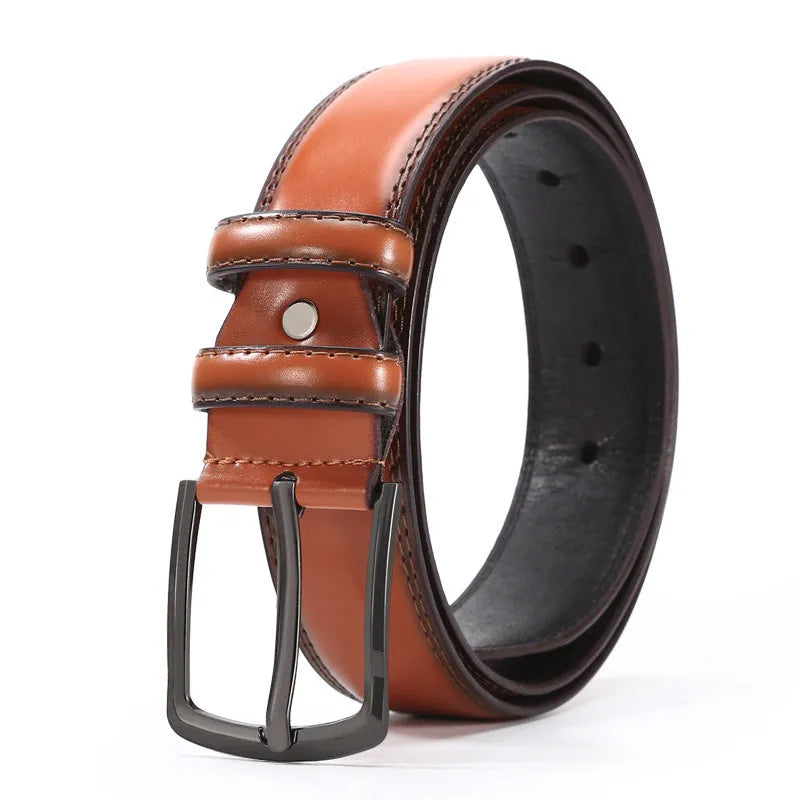 Men's business belt showing laser pattern detail with alloy pin buckle on imitation leather strap