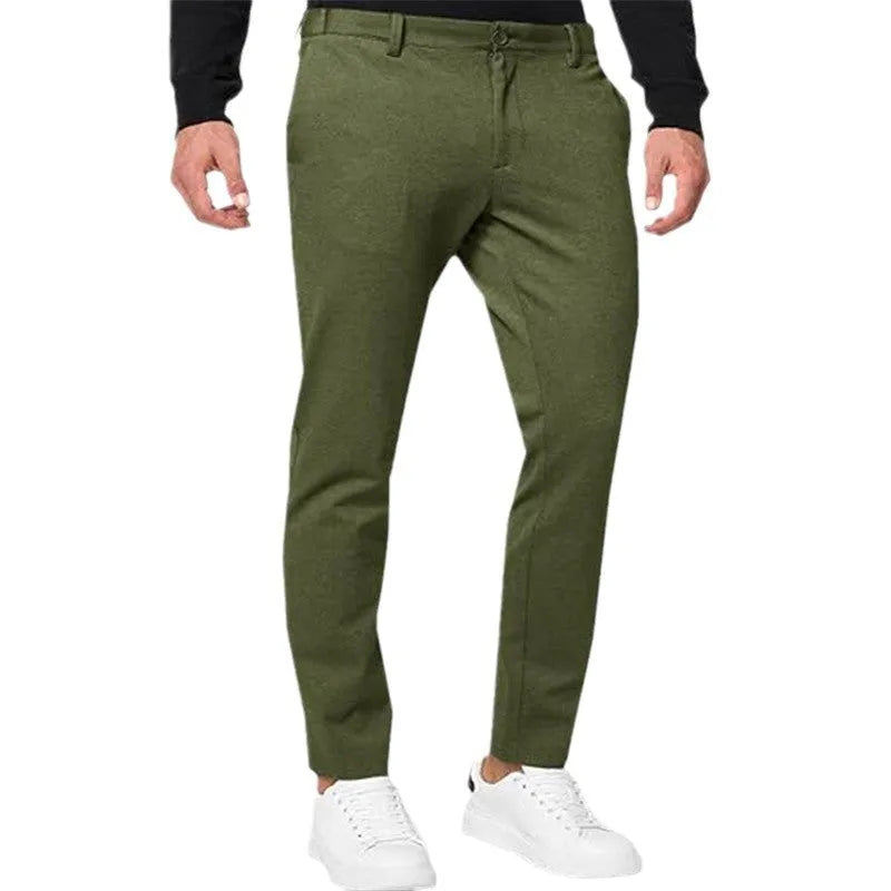Men's slim-fit tapered chino trousers in cotton blend fabric with pleated front detail