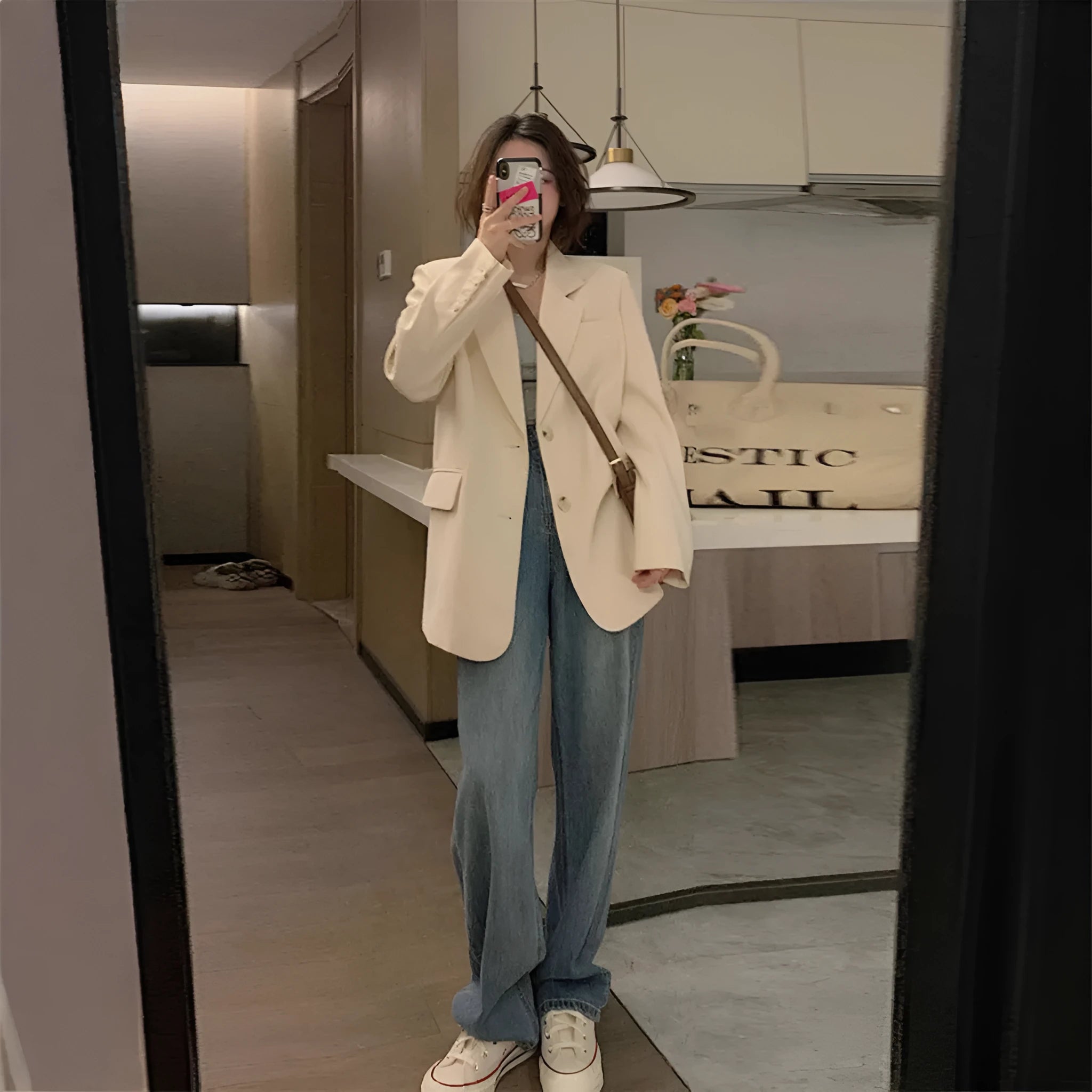 Korean style beige polyester street suit jacket with long sleeves and a chest pocket.