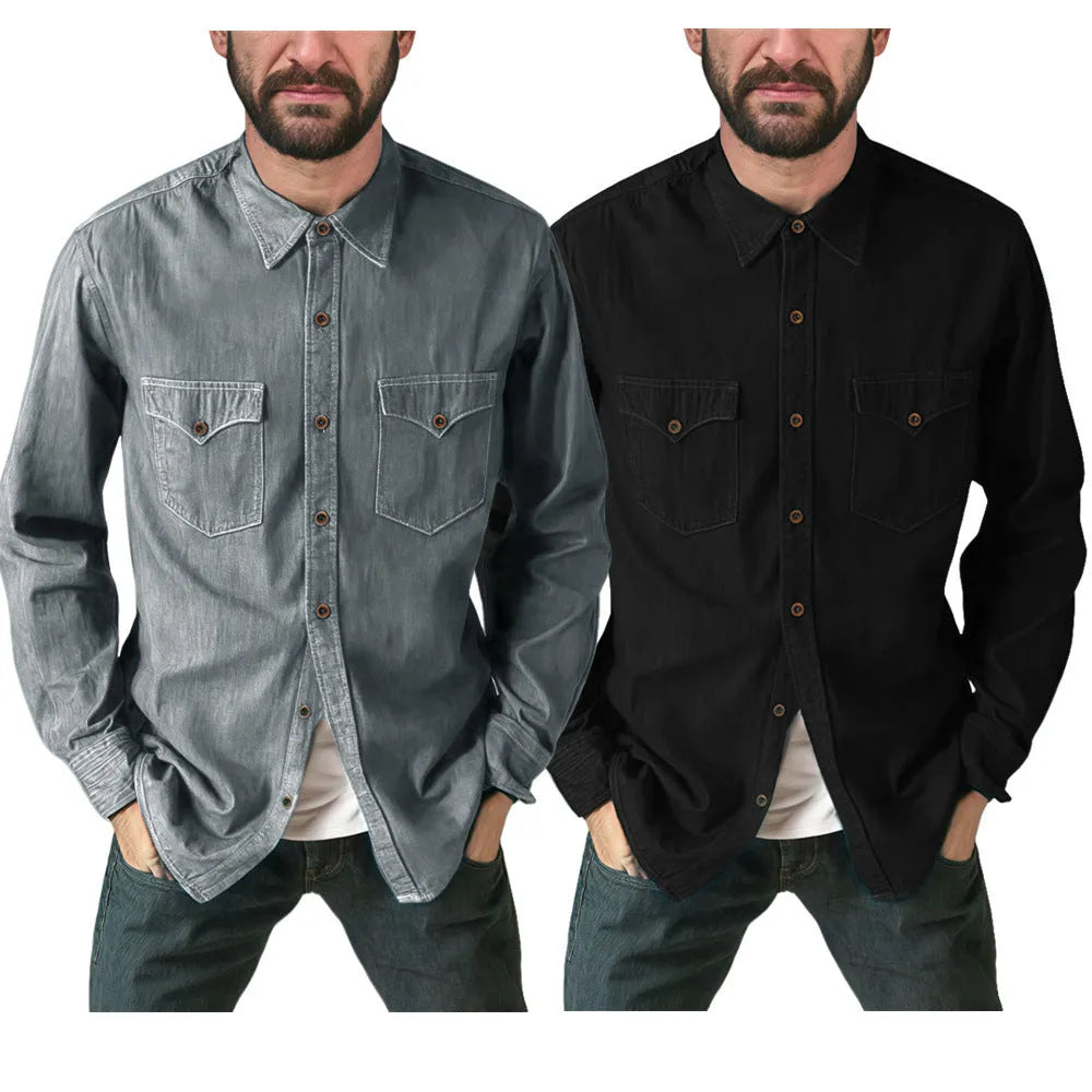 A cotton denim cardigan coat on a hanger, shown in a regular fit.