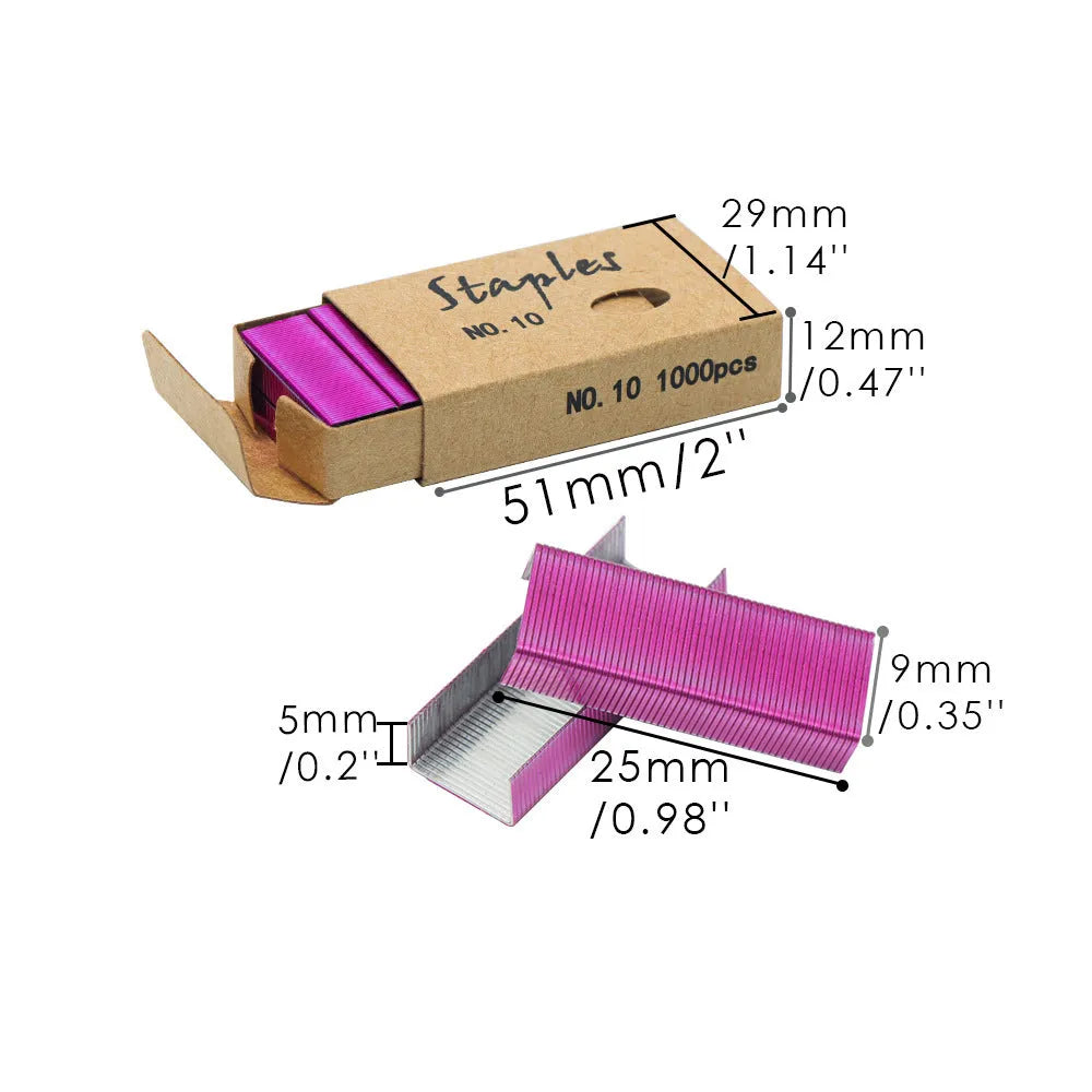 Open box showing 1000 metal staples in a choice of black, purple, rose gold, or rose red colours