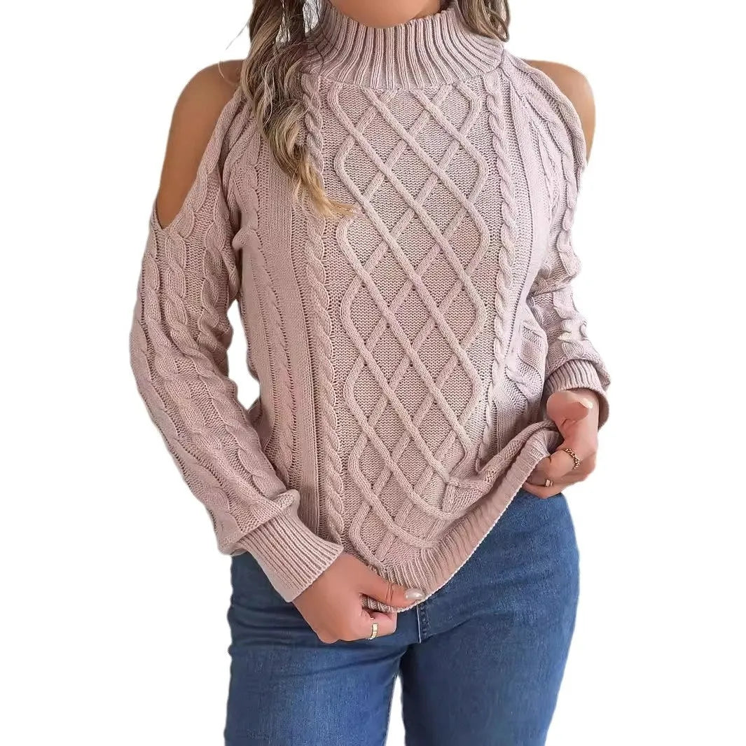 Women's twisted pattern strapless half-high collar sweater with lantern sleeves