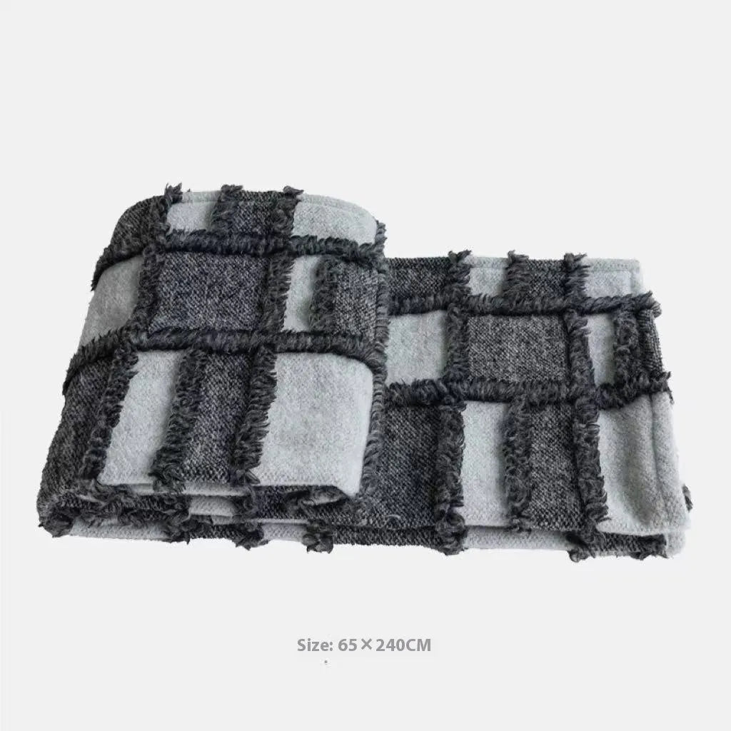 Grey and white plaid polyester bed runner blanket set with pillowcase on a modern double bed.
