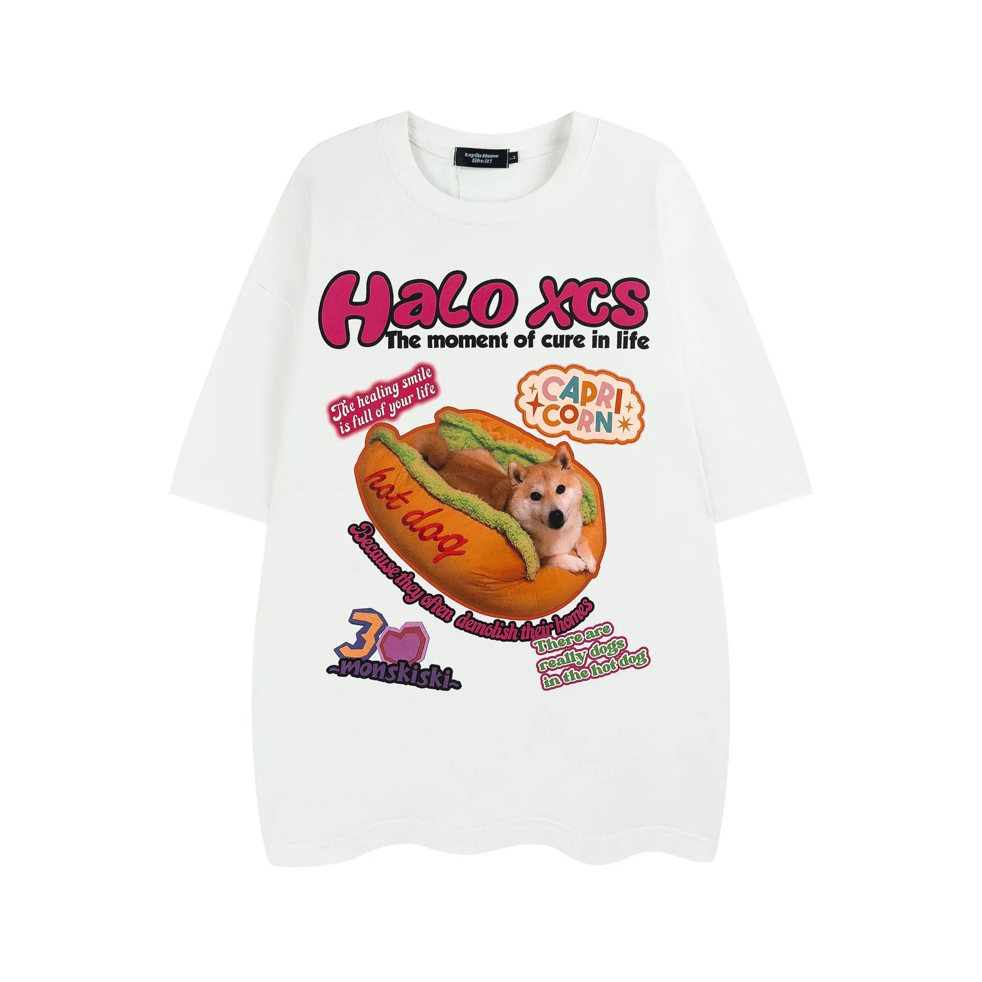 Loose fit white cotton T-shirt with a cartoon hamburger dog print on the front.