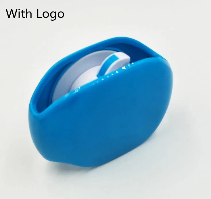 Automatic push-button earphone cable winder reel in assorted colours on a white background.