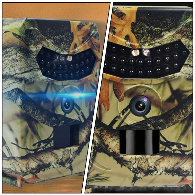 Yellow brown 16MP hunting game camera with infrared LEDs and wide lens for outdoor scouting