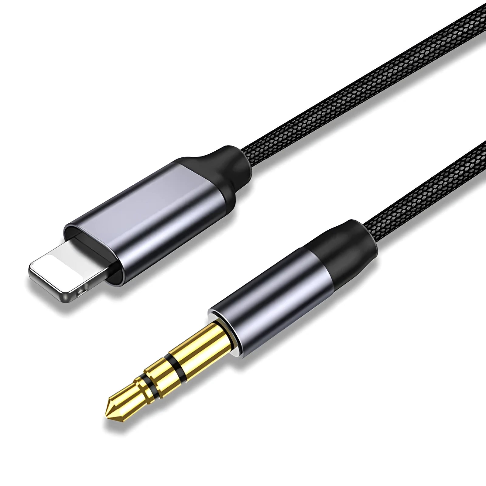 Nylon braided audio cable showing black and silver colour options with length measurement indicators