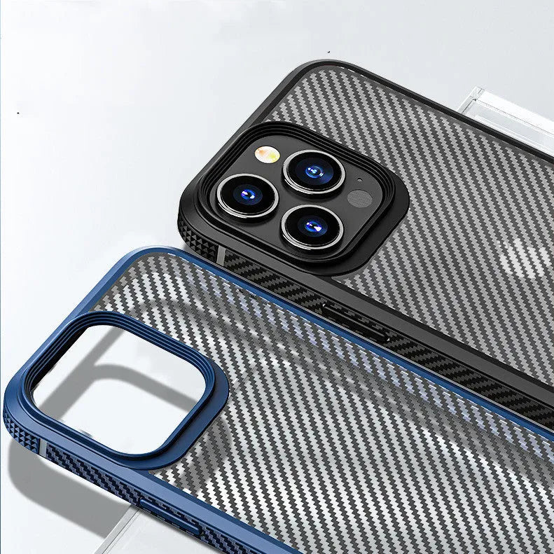 Black anti-fall protective phone case for Apple iPhone 13 models with a carbon fibre pattern.