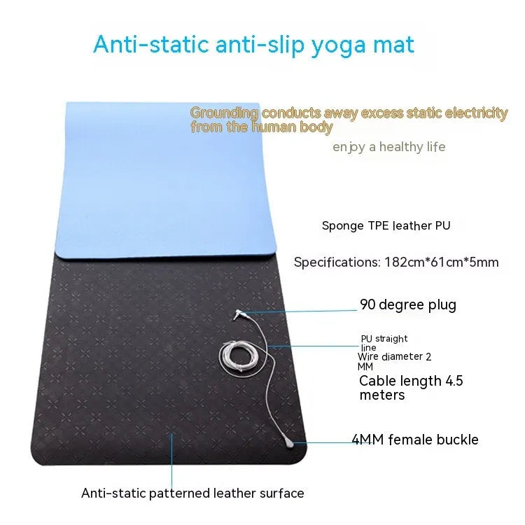 Blue conductive yoga mat with floral pattern, 182cm length, 5mm thickness, and grounding wire