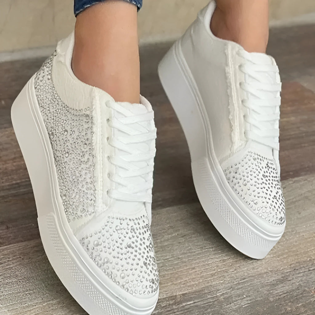 Plus size women's black lace-up casual shoes with rhinestone decoration and thick rubber soles