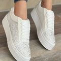 Plus size women's black lace-up casual shoes with rhinestone decoration and thick rubber soles