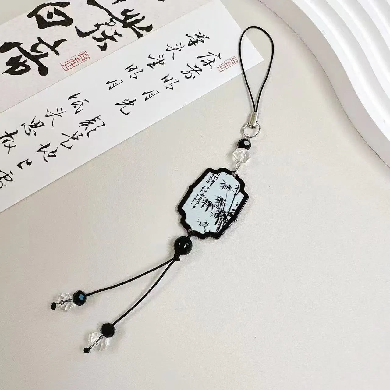 Guofeng Chinese style pendant keychain with plant pattern and baked varnish beads