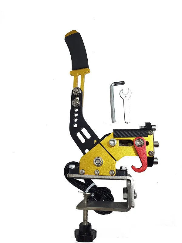 Black USB linear handbrake with aluminium mount for PC racing games next to a steering wheel.
