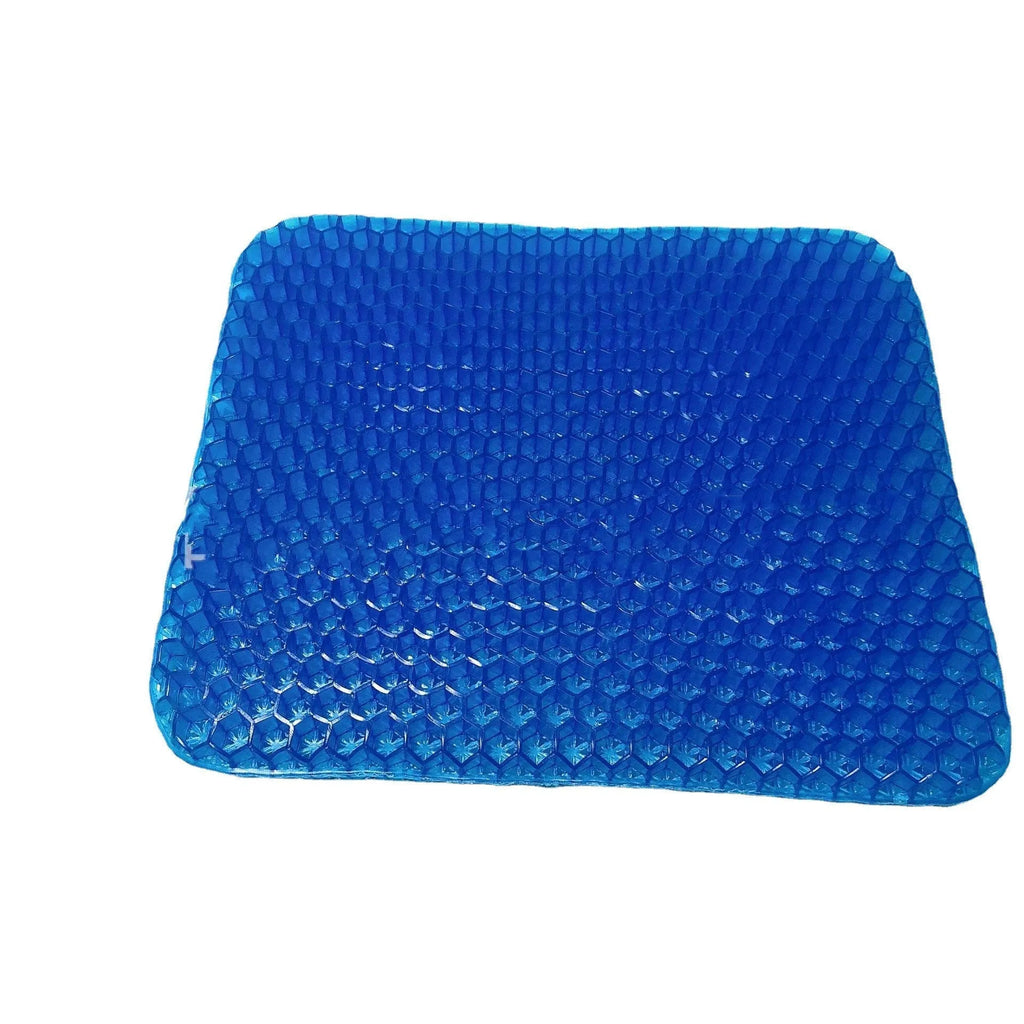Grey double-thick gel seat cushion with honeycomb pattern, showing removable PVC cover.