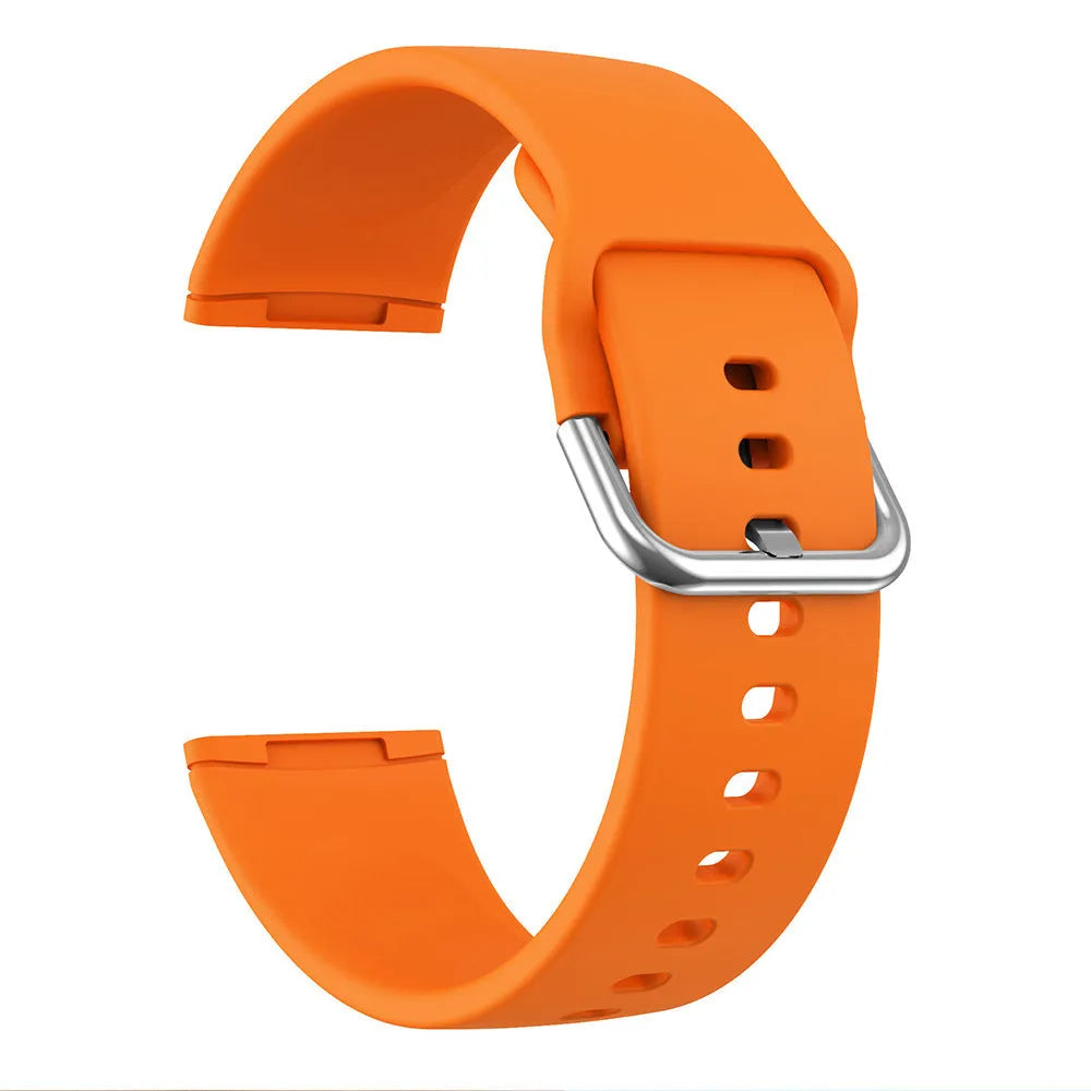 Silicone watch strap with silver buckle for Fitbit Versa 3 and Sense 2 in multiple colour options.