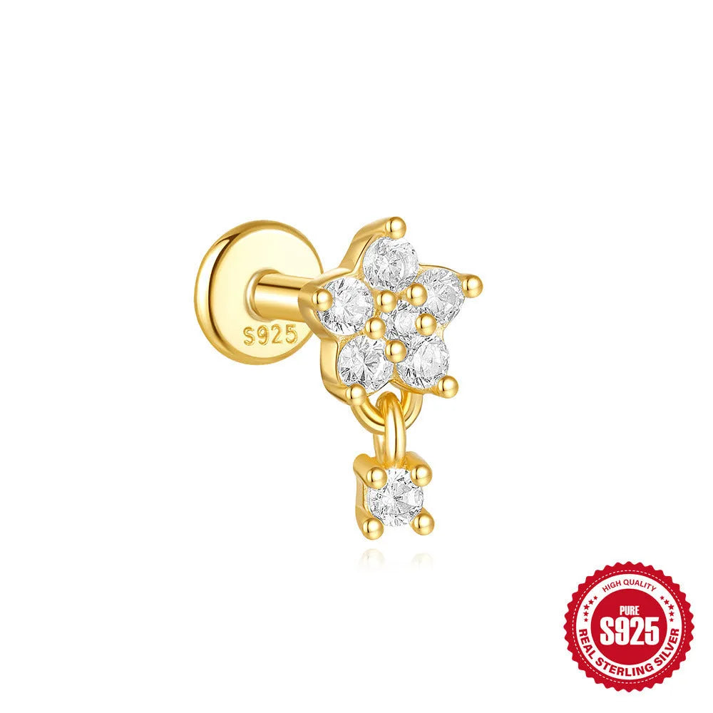 S925 sterling silver geometric star earrings with embedded moon and diamond detail in a gold colour.