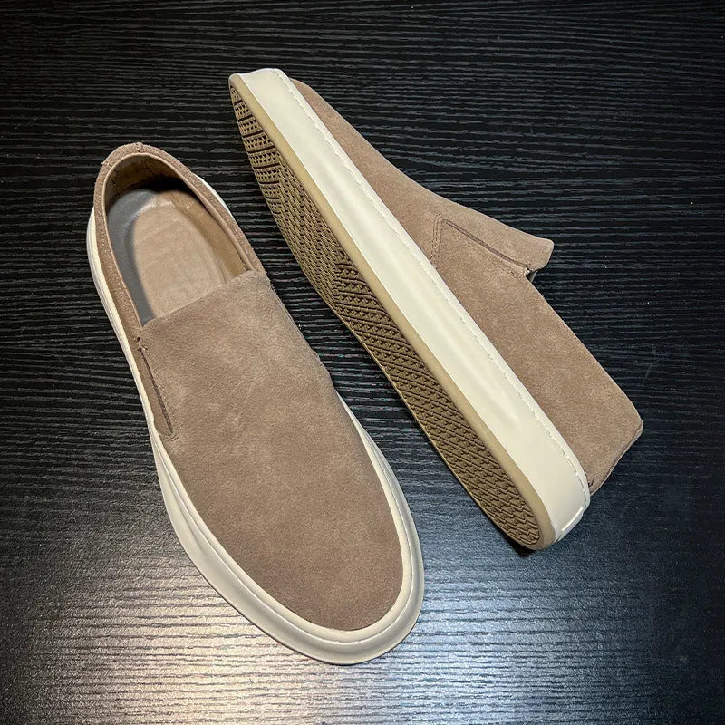 Men's grey and apricot casual shoes with round toe, PU leather upper and rubber sole