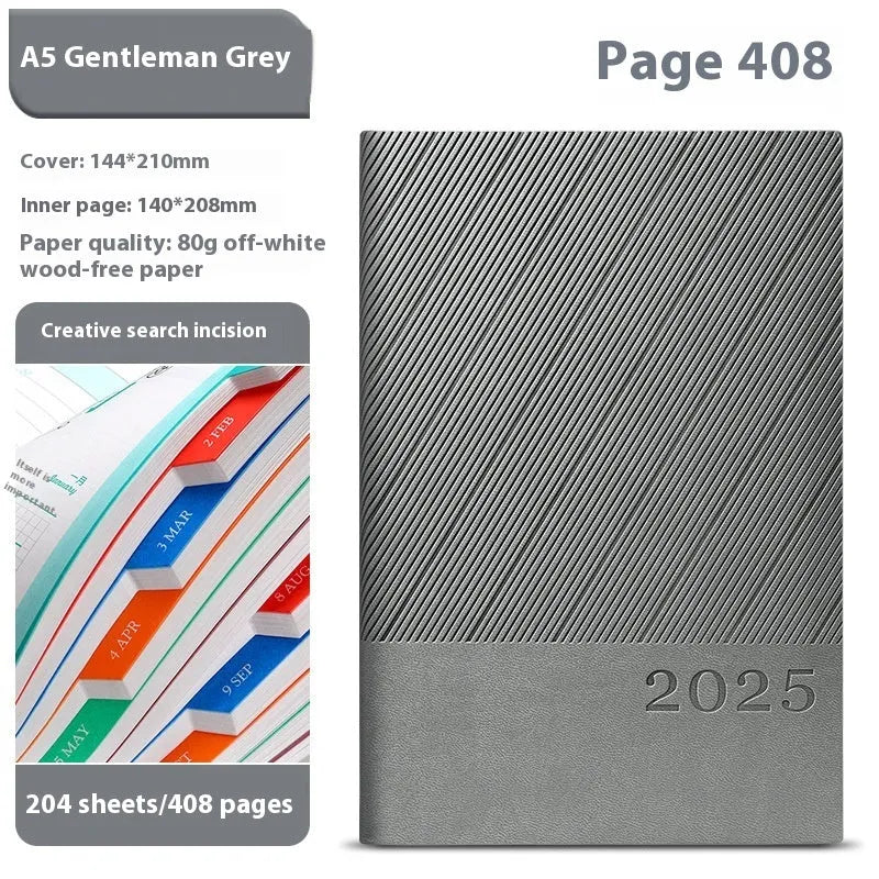 A4 striped PU leather business notepad open showing 80g wood-free paper