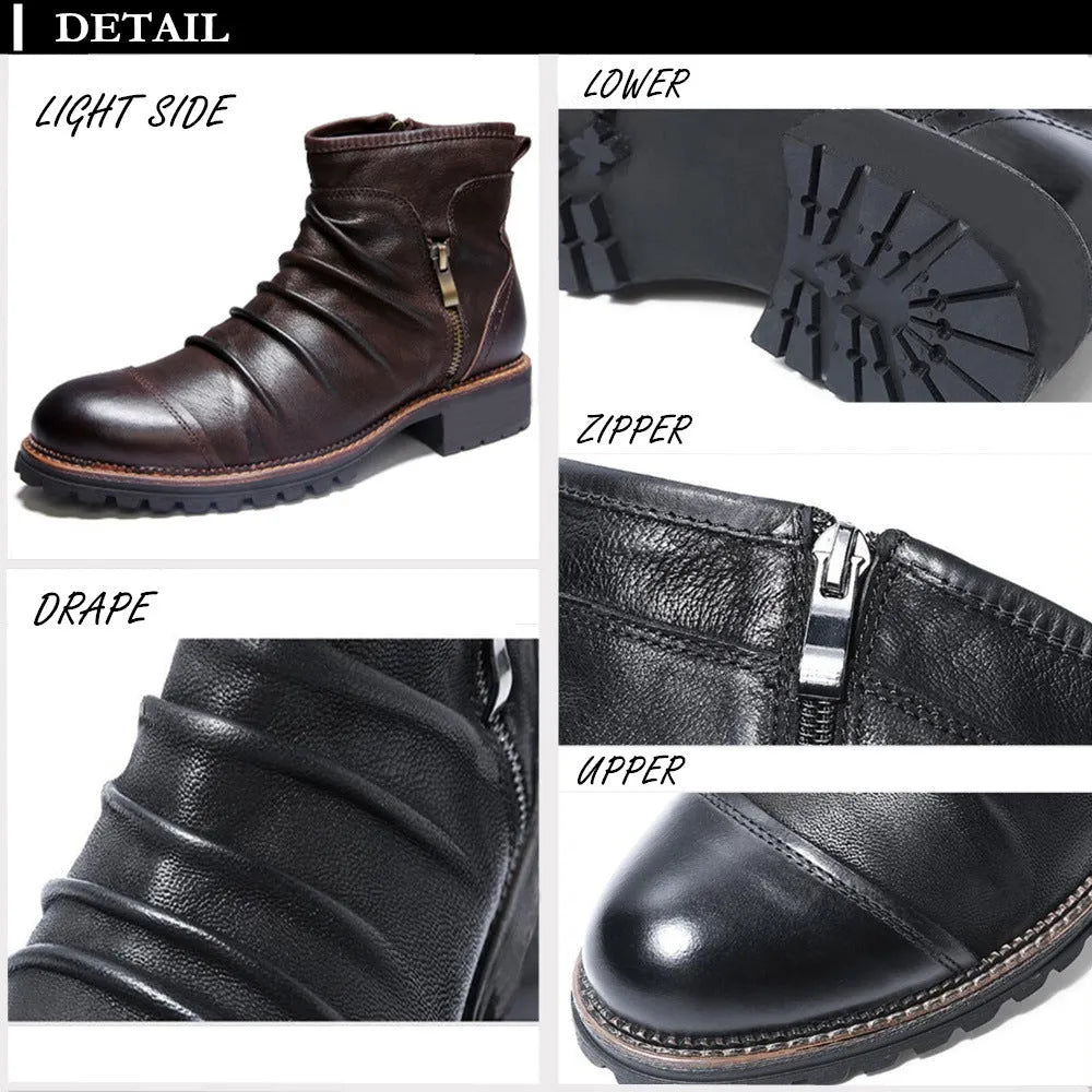 Brown mid-calf cowboy boots with a side zipper, round toe, and a medium horseshoe heel.