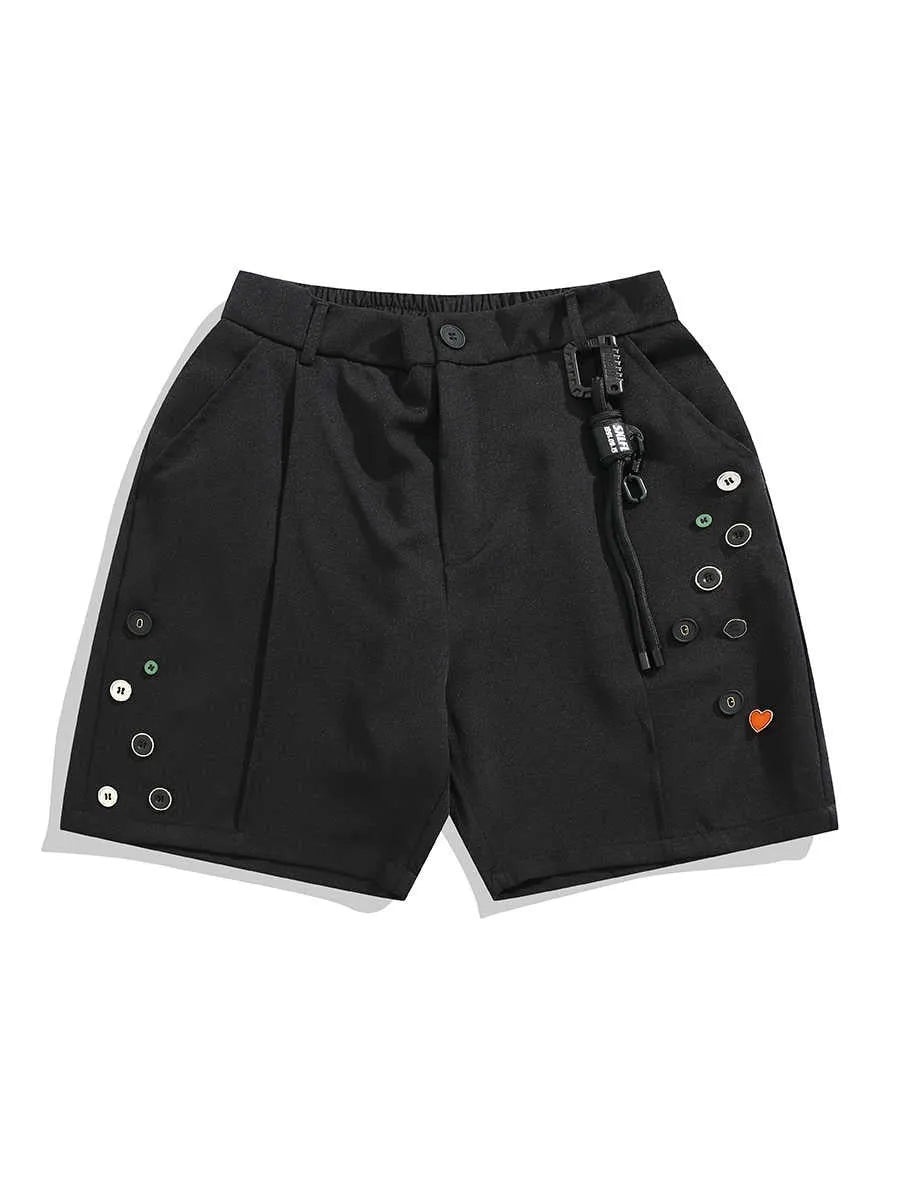 Black semi-elastic shorts with colour button fastening and straight leg loose fit design