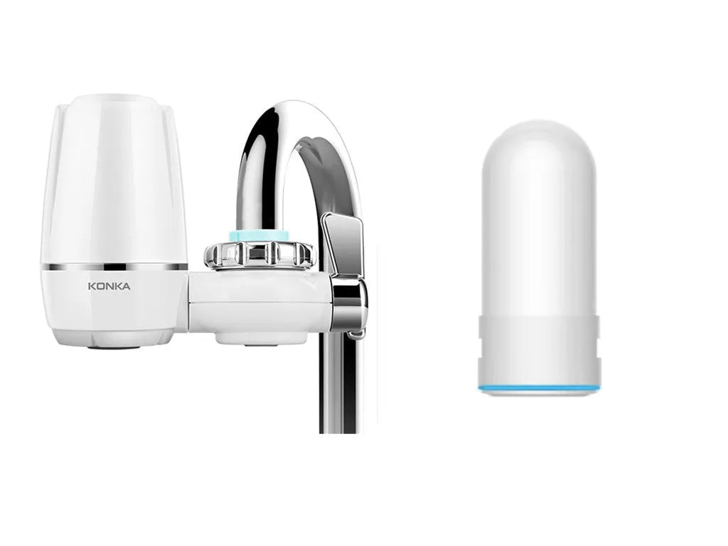 White plastic faucet-mounted water filter with ceramic cartridge and tap adapters