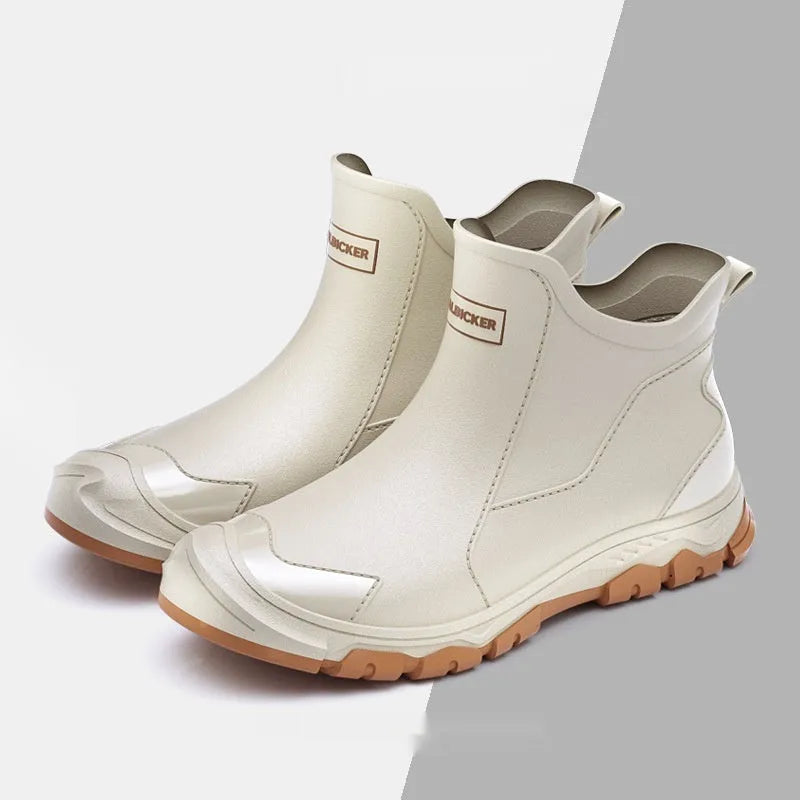 Men's short casual rubber boots in beige with a flat non-slip sole, shown on a plain background.