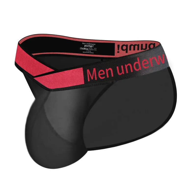 Men's transparent ice silk breathable briefs in red, black, or white with a large V gradient high fork design.