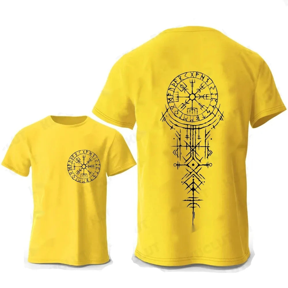 Viking rune compass graphic on a men's pure cotton T-shirt.