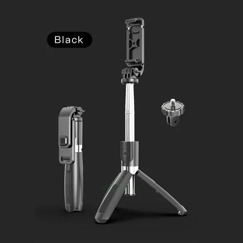 Black and white Bluetooth selfie stick with wireless remote, shown extended next to its compact tripod base.