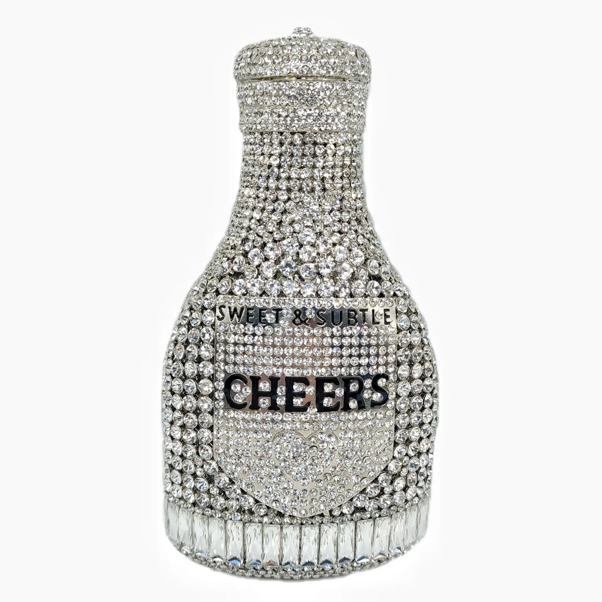 Gold champagne bottle shaped evening clutch with alloy frame measuring 20cm tall