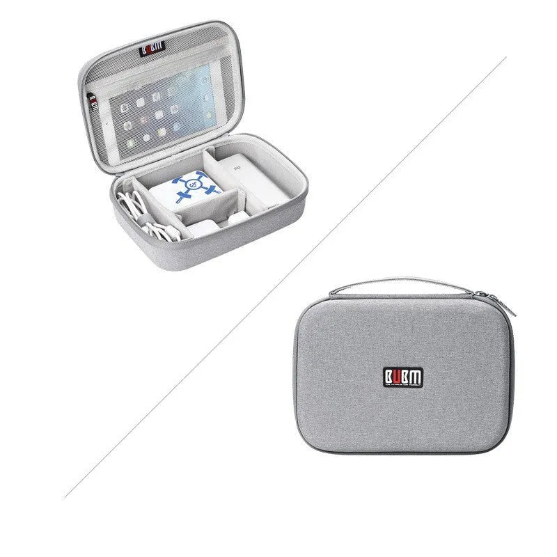 Black and grey EVA digital storage bag with handbag shape for organising headphones and cables.