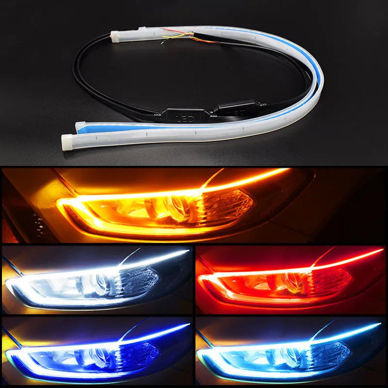 Flexible silicone car LED strip light showing daytime running light and flowing turn signal function in blue to yellow colour.