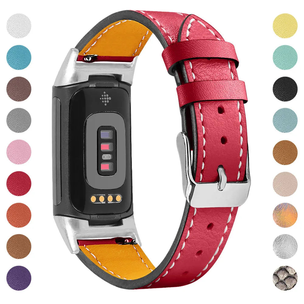 Genuine leather replacement strap for Fitbit Charge 5 and Charge 6 smartwatches in multiple colour options.