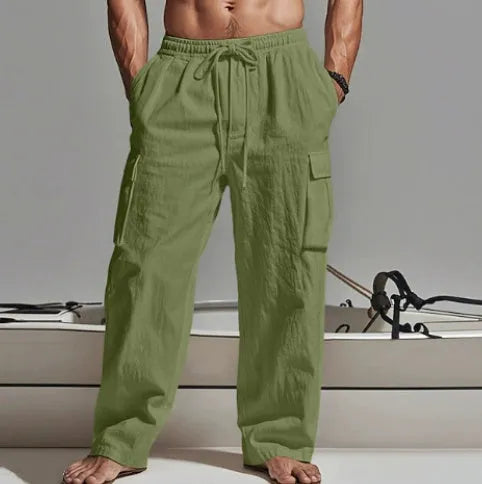 Men's cotton wide-leg trousers in light army green colour with casual mid waist design