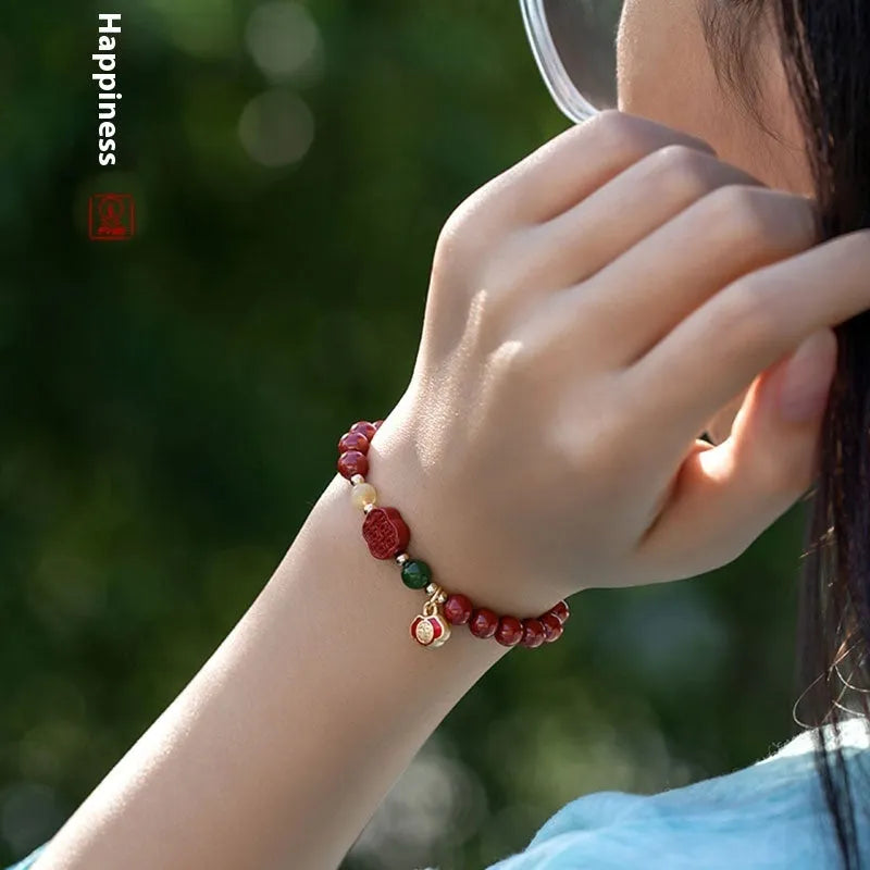 Emperor sandstone cinnabar bracelet with fu character engraving in new Chinese style